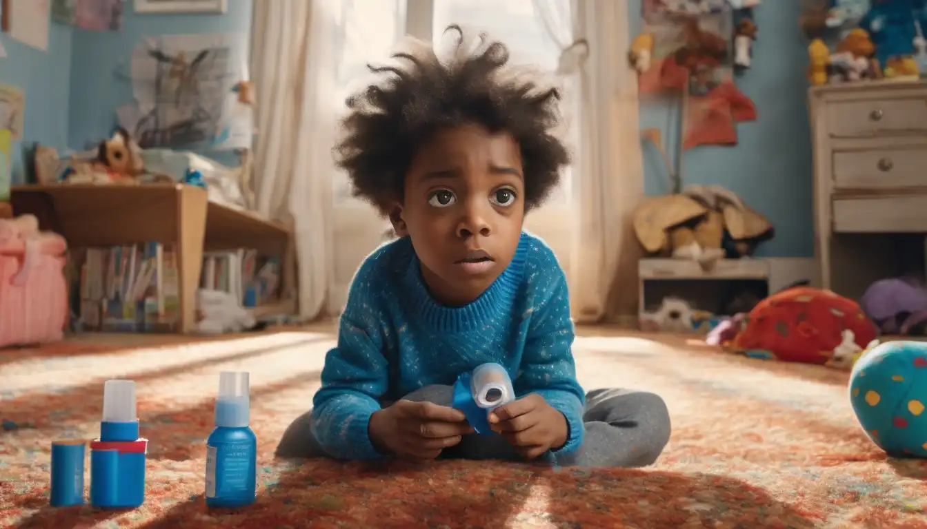 Niño con inhalador para el asma afectado por una cucaracha - al_0001