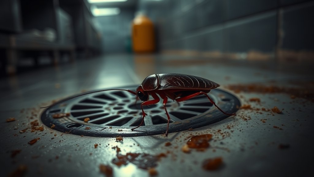 American_cockroach_near_floor_drain_in_commercial__0001