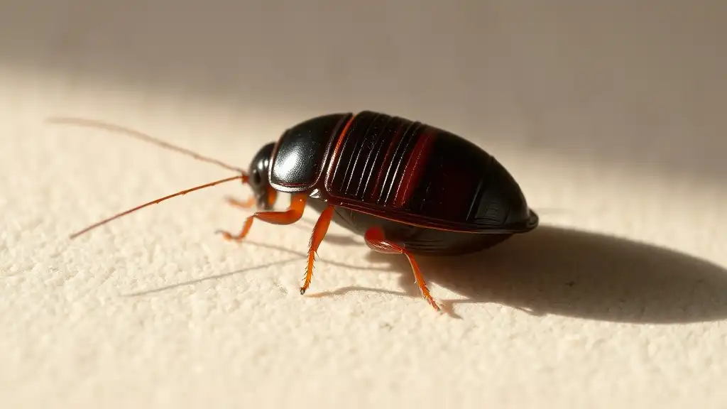 oriental cockroach adult dark reddish brown glossy exoskeleton close up wall surface