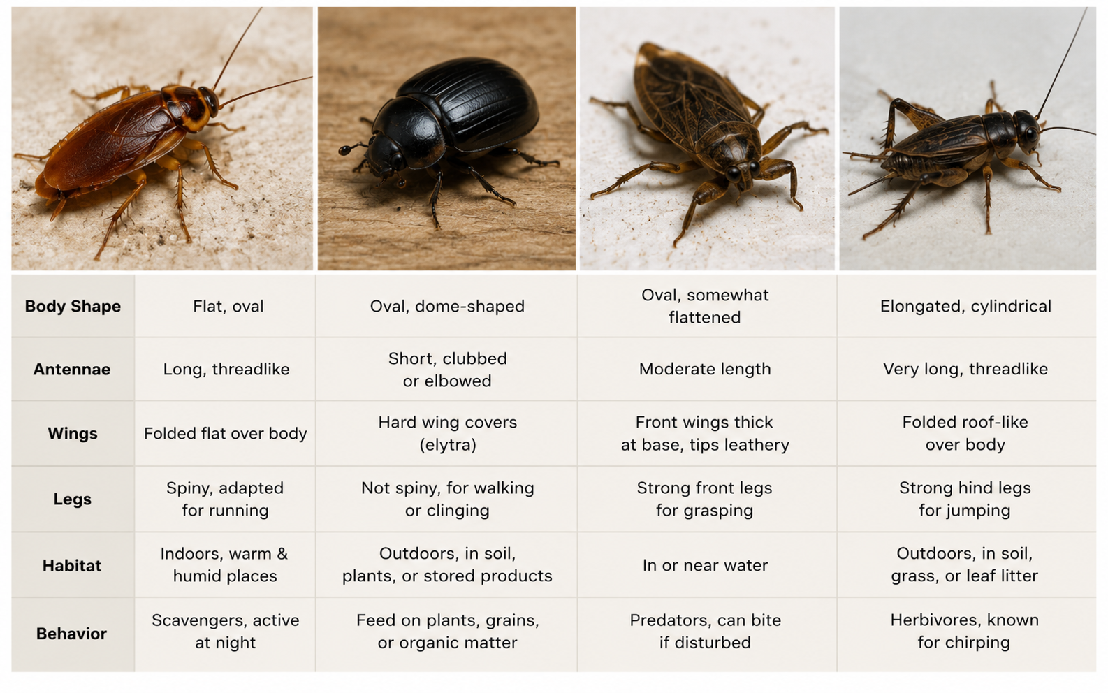Cockroach vs. beetle, water bug, and cricket comparison chart.
